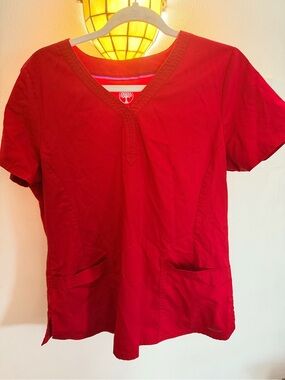 healing hands Red V-Neck Short Sleeve Scrub Top